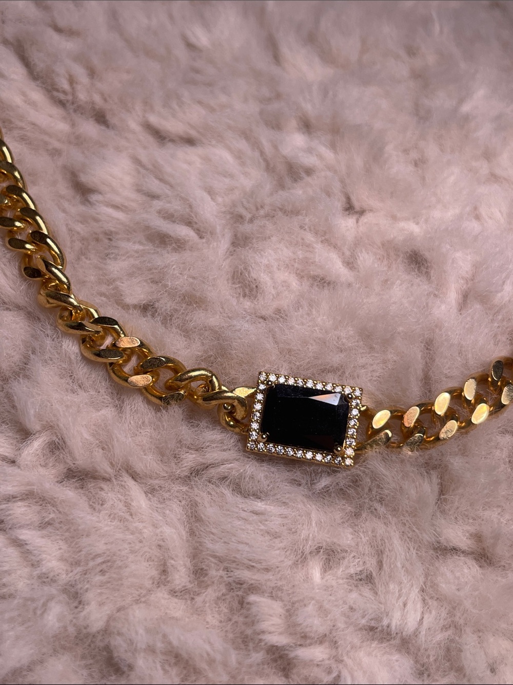 Gold Chain Necklace with Black Rectangular Stone Accent - Picture 2 of 3